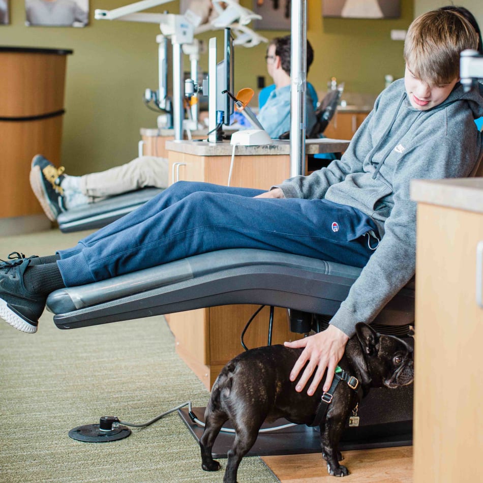 Teen patient at North Seattle Orthodontics, sitting in a treatment chair with one arm hanging down patting the clinic's French bulldog.